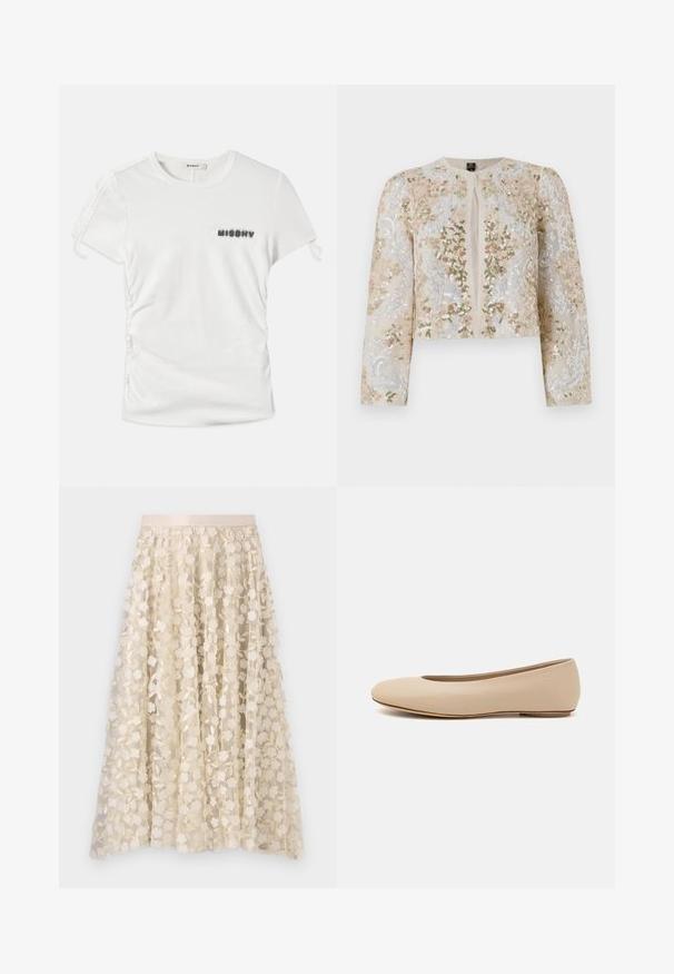 Vyvŕtaná skrátená bunda béžovej farby s kvetinovými motívmi v ružovej, zelenej a modrej. Má dlhé rukávy a okrúhly výstrih.; Biele tričko s krátkymi rukávmi, so zúžením po stranách a potlačou "MISBHV" rozmazanými čiernymi písmenami na ľavej strane hrude.; Kvetinová výšivka na priesvitnej sukni v krémovej farbe so saténovým pásom. Dizajn obsahuje malé, jemné kvety a listy.; Béžové kožené baleríny s okrúhlym prstom, minimálnym švom, nízkym podpätkom a diskrétnym logom na zadnej strane. Hladká, matná textura.