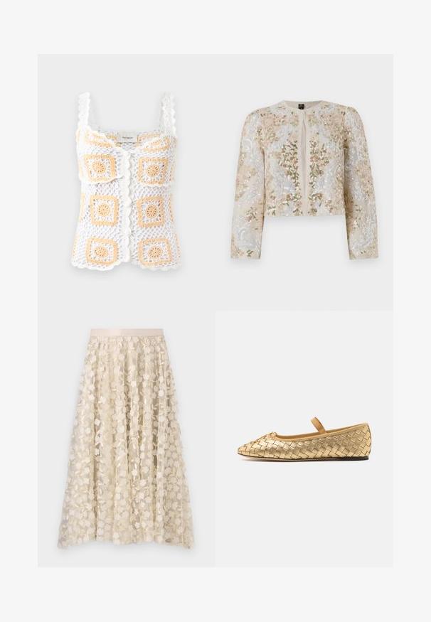 Chaqueta corta bordada en beige con motivos florales en rosa, verde y azul. Presenta mangas largas y un cuello redondo.; Top de ganchillo blanco con patrones cuadrados naranjas, con tirantes en punta y cierre de botón. Hecho de una tela ligera y texturizada.; Bordado floral en una falda semitransparente de color crema con una cinturilla de satén. El diseño presenta pequeñas y delicadas flores y hojas.; Loeffler Randall LEONIE SOFT BALLET FLAT - Bailarinas con hebilla - gold