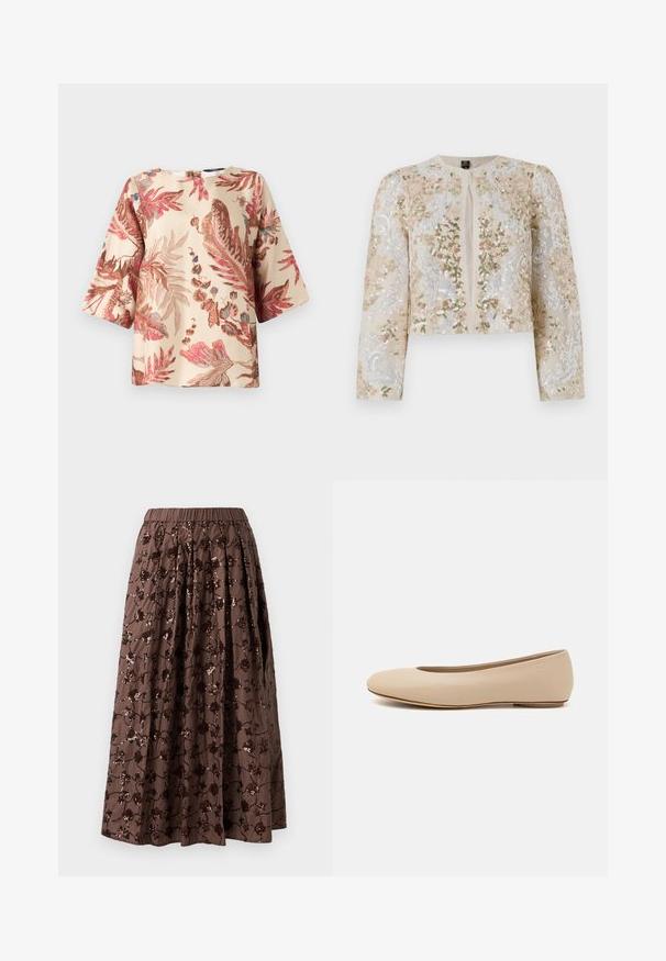 Izšūta īsā jakas stila virsjaka bēšā krāsā ar ziedu motīviem rozā, zaļā un zilā krāsā. Iespējami gari piedurknes un apaļa kakla izgriezums.; Ziedu raksta blūze gaisā bežā, ar rozā un brūnām lapu dizainiem, īsām piedurknēm un apaļu kakla izgriezumu ar aizmugures aizdari.; Brūna midi svārku ar elastīgu jostasvietu, ar ziedu sakņu rotājumiem, plīšu dizainu un gludu auduma tekstūru.; Bežs ādas deju zābaciņš ar noapaļu purngalu, minimālu šuvju detaļām, zemu papēdi un diskrētu logotipu aizmugurē. Gluda, matēta tekstūra.