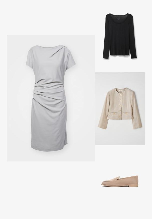 Veste beige courte en tissu texturé, avec un col rond, six boutons dorés et deux poches avant avec rabats à bouton.; Robe grise à manches courtes en tissu doux, avec un design drapé et des détails froncés à la taille, et une coupe droite.; T-shirt noir à manches longues en tissu doux. Présente un col rond large et une coupe ample avec un ourlet droit. Pas de motifs ni d'accents visibles.; Mocassins en daim beige à semelle plate, avec un bout légèrement pointu et des détails de couture minimalistes le long des bords. Texture lisse sur toute la surface.