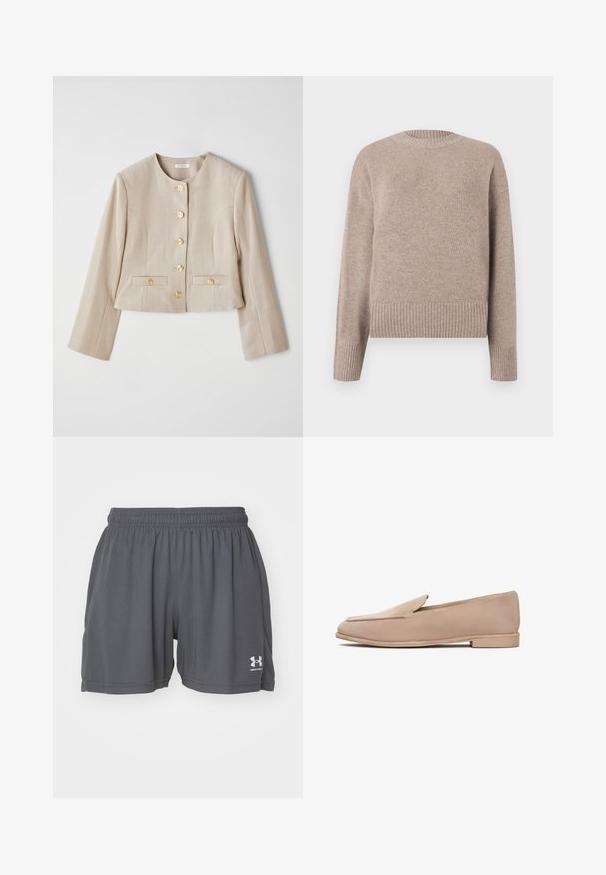 Beige kort jacka i texturerad tyg, med rund halsringning, sex guldknappar och två framfickor med knappflikar.; Beige stickad tröja med rund hals, ribbade ärmslut och fåll. Mjuk textur och avslappnad passform, lämplig för avslappnad användning.; Grå sportshorts gjorda av lättviktig tyg, med elastisk midja och en vit logotyp på nedre vänstra benet. Slät textur.; Beige mockasiner med flat sula, subtil spetsig tå och minimala sömdetaljer längs kanterna. Mjuk textur över hela skon.