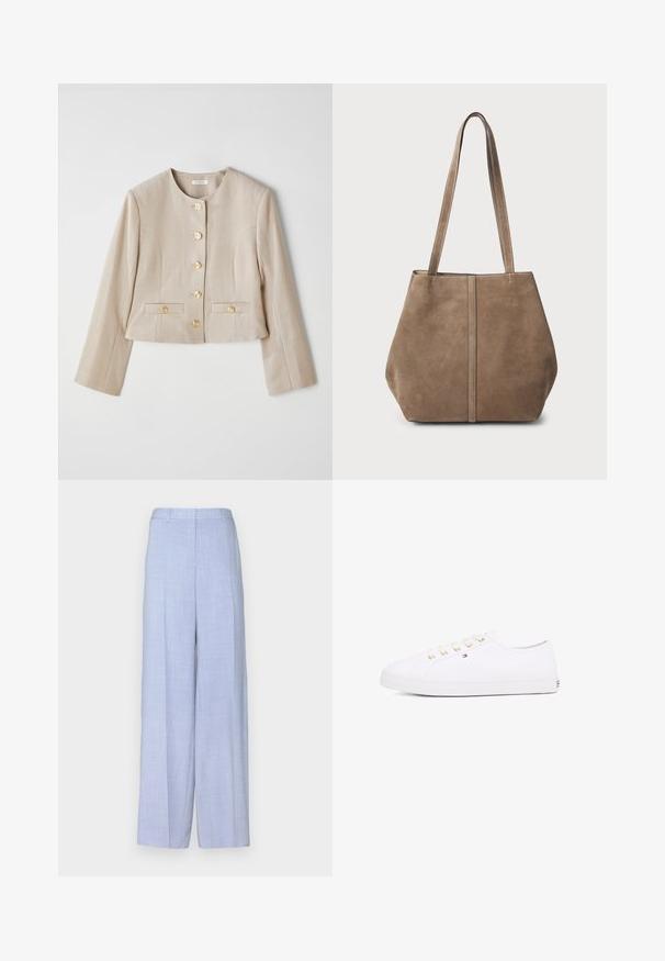 Beige cropped jacket made of textured fabric, featuring a round neckline, six gold buttons, and two front pockets with button flaps.; Beige knit sweater with a round neck, ribbed cuffs, and hem. Soft texture and relaxed fit, suitable for casual wear.; Light blue, wide-leg trousers with a textured fabric. Features a front pleat, belt loops, and a straight waistline. No visible hardware.; White canvas sneaker with gold eyelets, flat laces, textured rubber sole, and minimal branding on the side. Low-profile design.; Brown suede tote bag with two long handles, vertical seam detail on the front, and a soft texture. Spacious design suitable for everyday use.