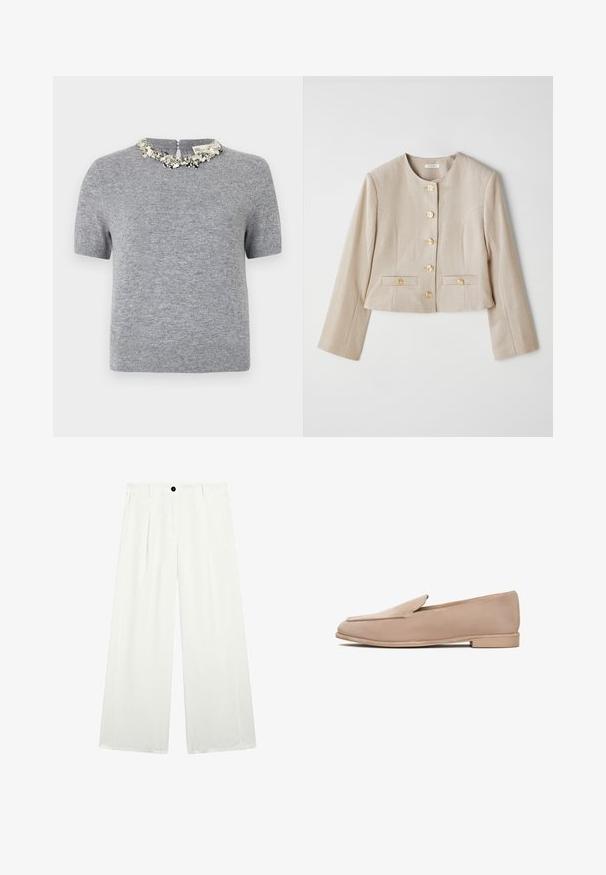 Beige kurz geschnittene Jacke aus strukturiertem Stoff mit rundem Ausschnitt, sechs goldfarbenen Knöpfen und zwei vorderen Taschen mit Knopfklappen.; Grauer Kurzarmpullover mit strukturiertem Stoff. Verfügt über einen dekorativen Bead-Halsauschnitt und einen Reißverschluss auf der Rückseite.; Schwarzes Langarm-T-Shirt aus weichem Stoff. Hat einen weiten runden Halsausschnitt und einen lockeren Schnitt mit geradem Saum. Keine sichtbaren Muster oder Akzente.; Weite Hosen aus weißem Stoff, mit einem einzelnen schwarzen Knopf an der Taille, zwei Fronttaschen und einer glatten, klaren Textur.; Beige Wildleder Slipper mit niedrigem Absatz, mandelförmiger Zehenpartie und gestickten Details entlang der Ränder. Glatte Textur und minimalistisches Design.