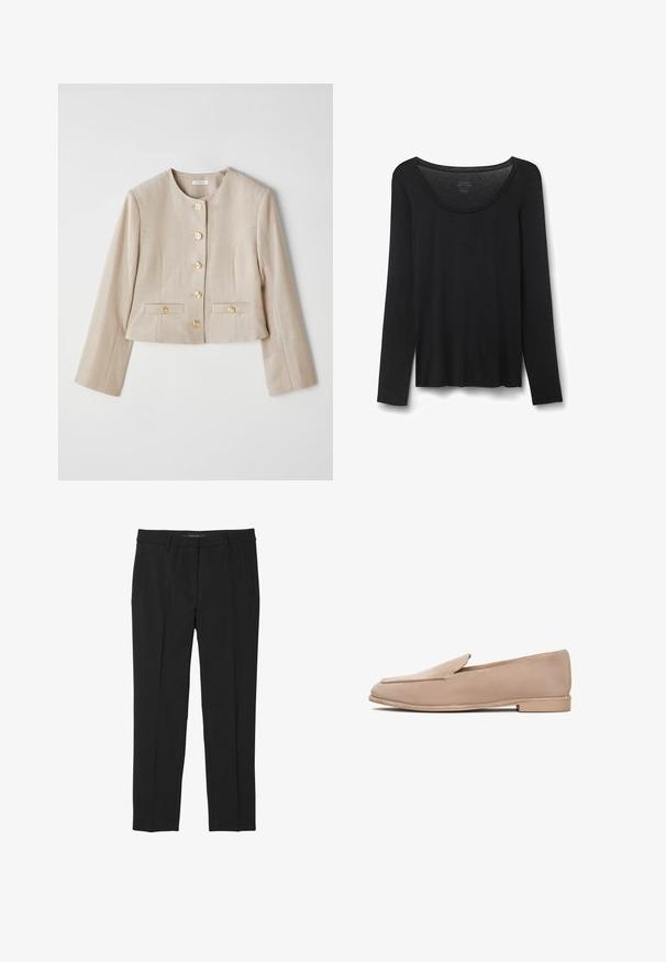Beige cropped jas van gestructureerde stof, met een ronde halslijn, zes gouden knopen en twee voorzakken met knoopflappen.; Zwarte lang-sleeve T-shirt van zachte stof. Heeft een brede ronde halslijn en een losse pasvorm met rechte zoom. Geen zichtbare patronen of accenten.; Zwarte broek van gladde stof, met een rechte pijp, voorzakken en een platte tailleband zonder zichtbare sluitingen.; Beige suède instappers met een lage hak, amandelvormige neus en gestikte details langs de randen. Gladde textuur en minimalistisch ontwerp.