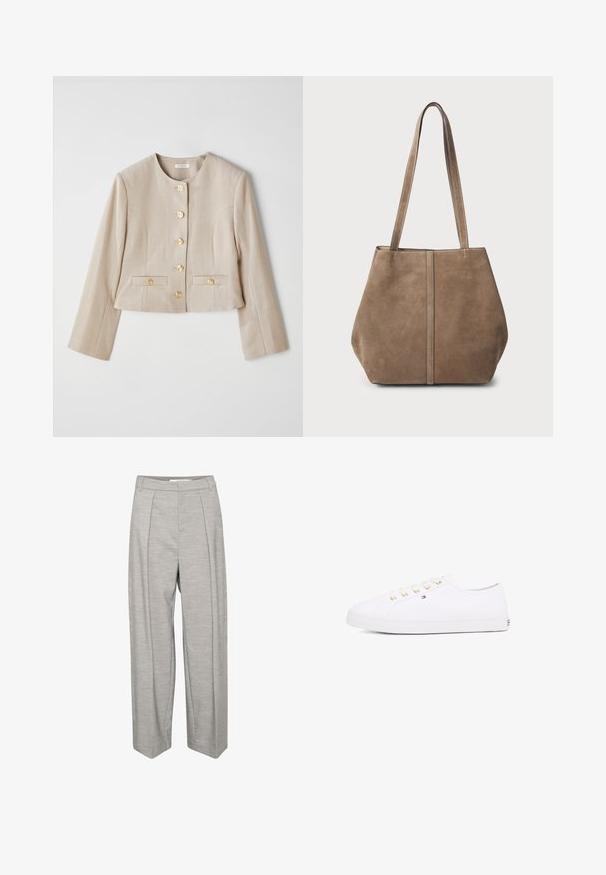 Beige zkrácená bunda vyrobená z texturované látky, s kulatým výstřihem, šesti zlatými knoflíky a dvěma předními kapsami s klopami na knoflíky.; Černé dlouhé tričko s dlouhým rukávem vyrobené z měkkého materiálu. Má široký kulatý výstřih a volný střih se rovnými lemy. Žádné viditelné vzory nebo akcenty.; Světle šedé kalhoty s širokými nohavicemi a hladkým povrchem, které mají dva přední sklady, pas a rovně střižené nohavice.; Bílé plátěné tenisky s zlatými očka, plochými tkaničkami, texturovanou gumovou podrážkou a minimálním brandingem na boku. Nízko profilový design.; Hnědá semišová taška přes rameno s dvěma dlouhými uchy, vertikálním švem na přední straně a měkkou texturou. Prostorný design vhodný pro každodenní použití.