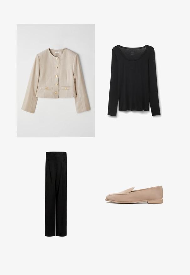 Beige cropped jas van gestructureerde stof, met een ronde halslijn, zes gouden knopen en twee voorzakken met knoopflappen.; Zwarte lang-sleeve T-shirt van zachte stof. Heeft een brede ronde halslijn en een losse pasvorm met rechte zoom. Geen zichtbare patronen of accenten.; Zwarte wijde broek van gladde stof, met een hoge taille, dubbele zijzakken en geplooide details aan de voorkant voor een gestructureerde look.; Beige suède instappers met een lage hak, amandelvormige neus en gestikte details langs de randen. Gladde textuur en minimalistisch ontwerp.