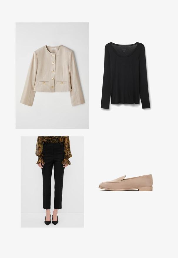 Beige zkrácená bunda vyrobená z texturované látky, s kulatým výstřihem, šesti zlatými knoflíky a dvěma předními kapsami s klopami na knoflíky.; Černé dlouhé tričko s dlouhým rukávem vyrobené z měkkého materiálu. Má široký kulatý výstřih a volný střih se rovnými lemy. Žádné viditelné vzory nebo akcenty.; Černé přizpůsobené kalhoty rovného střihu, hladká tkanina, středně vysoký pas a minimalistický design. Bez viditelného hardwaru nebo vzorů.; Béžové semišové mokasíny s nízkým podpatkem, mandlemi tvarovanou špicí a prošívanými detaily podél okrajů. Hladká textura a minimalistický design.