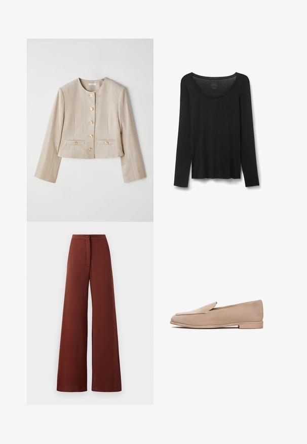Beige kort jacka i texturerad tyg, med rund halsringning, sex guldknappar och två framfickor med knappflikar.; Svart långärmad T-shirt i mjukt material. Har en bred rund halsringning och en lös passform med rak bottom. Inga synliga mönster eller detaljer.; Vidbenta byxor i mörkröd tyg, med knappstängning och detalj med framknutning. Mjuk textur med en flödande silhuett.; Beiga mockasiner i mocka med låg klack, mandelformad tå och sydda detaljer längs kanterna. Slät textur och minimalistisk design.