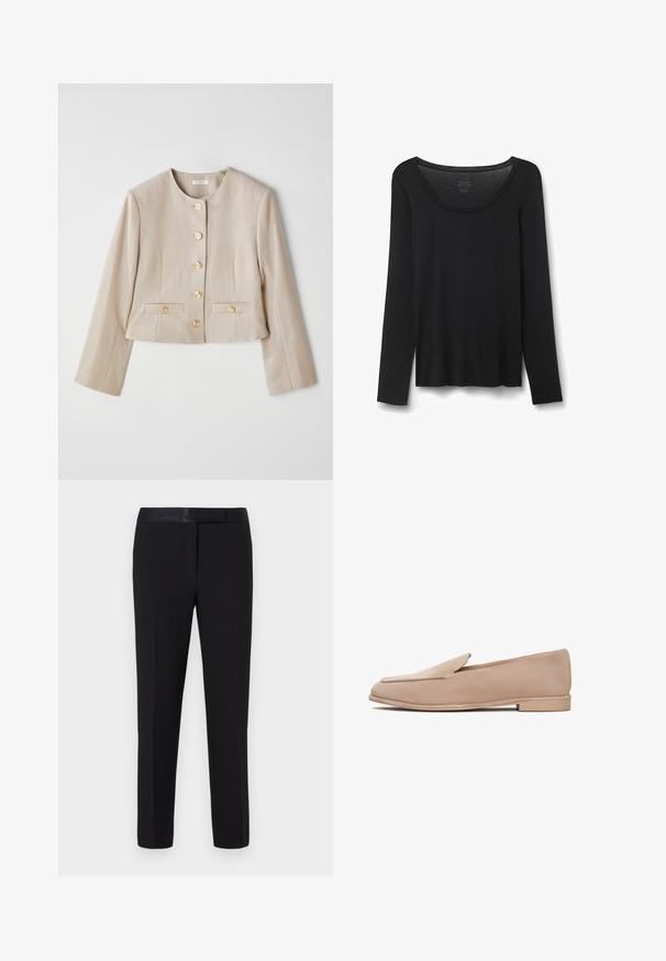 Beige cropped jas van gestructureerde stof, met een ronde halslijn, zes gouden knopen en twee voorzakken met knoopflappen.; Zwarte lang-sleeve T-shirt van zachte stof. Heeft een brede ronde halslijn en een losse pasvorm met rechte zoom. Geen zichtbare patronen of accenten.; Zwarte broek met een gladde textuur, rechte snit en een satijnen tailleband. Heeft minimale details en geen zichtbare patronen of accenten.; Beige suède instappers met een lage hak, amandelvormige neus en gestikte details langs de randen. Gladde textuur en minimalistisch ontwerp.