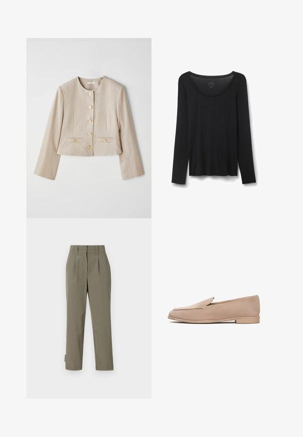 Beige cropped jas van gestructureerde stof, met een ronde halslijn, zes gouden knopen en twee voorzakken met knoopflappen.; Zwarte lang-sleeve T-shirt van zachte stof. Heeft een brede ronde halslijn en een losse pasvorm met rechte zoom. Geen zichtbare patronen of accenten.; Khaki broek gemaakt van lichtgewicht stof, met een hoge taille, plooien en rechte pijpen. Minimalistisch ontwerp zonder zichtbare hardware.; Beige suède instappers met een lage hak, amandelvormige neus en gestikte details langs de randen. Gladde textuur en minimalistisch ontwerp.