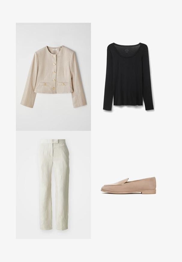 Beżowa krótka kurtka wykonana z teksturowanej tkaniny, z okrągłym dekoltem, sześcioma złotymi guzikami oraz dwiema przednimi kieszeniami z klapami na guziki.; Czarna koszulka z długim rękawem, wykonana z miękkiego materiału. Posiada szeroki okrągły dekolt oraz luźny krój ze prostym dołem. Brak widocznych wzorów lub akcentów.; Białe lniane spodnie o dopasowanym kroju, z gładkim przodem i prostymi nogawkami. Gładka tekstura z delikatnymi zagnieceniami.; Beżowe zamszowe mokasyny z niskim obcasem, o migdałowym kształcie palców i przeszyciami wzdłuż krawędzi. Gładka faktura i minimalistyczny design.