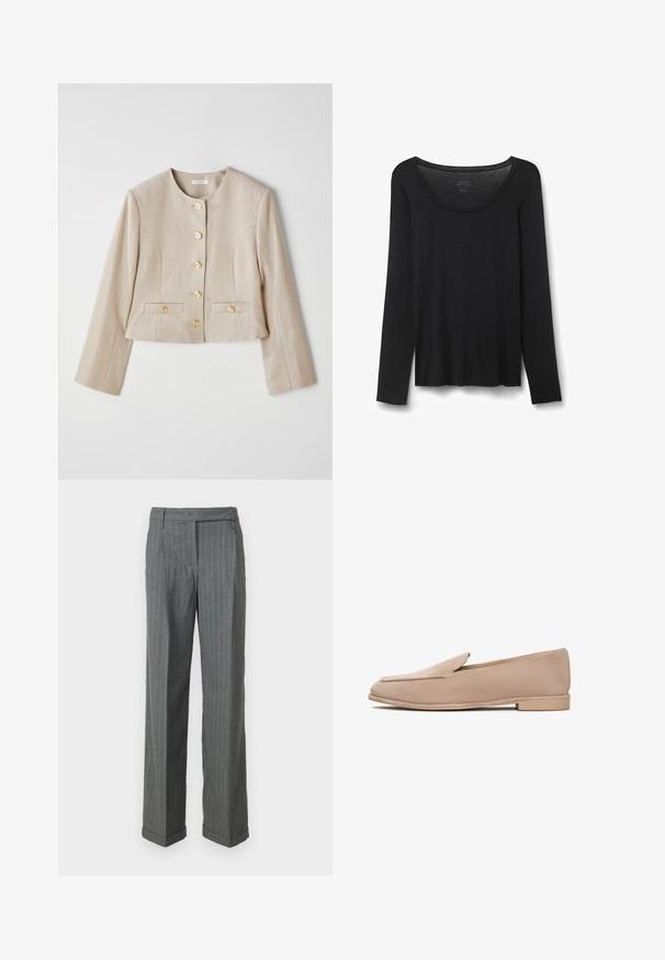 Beige cropped jacket made of textured fabric, featuring a round neckline, six gold buttons, and two front pockets with button flaps.; Black long-sleeve T-shirt made of soft fabric. Features a wide round neckline and a loose fit with straight hem. No visible patterns or accents.; Grey pinstripe trousers with blue accents, featuring a straight-leg cut, belt loops, and a folded hem. Made from a textured fabric.; Beige suede loafers with a flat sole, a subtle pointed toe, and minimal stitching detail along the edges. Smooth texture throughout.