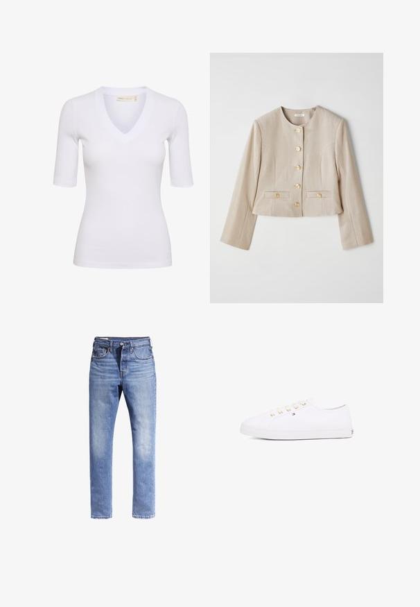 Beige cropped jacket made of textured fabric, featuring a round neckline, six gold buttons, and two front pockets with button flaps.; White ribbed short-sleeve top with a V-neckline. The fabric is smooth with a fitted shape and features minimal branding at the hem.; Light blue denim jeans featuring a straight leg design, five pockets, and contrast stitching. The fabric appears slightly distressed.; White canvas sneaker with gold eyelets, flat laces, textured rubber sole, and minimal branding on the side. Low-profile design.