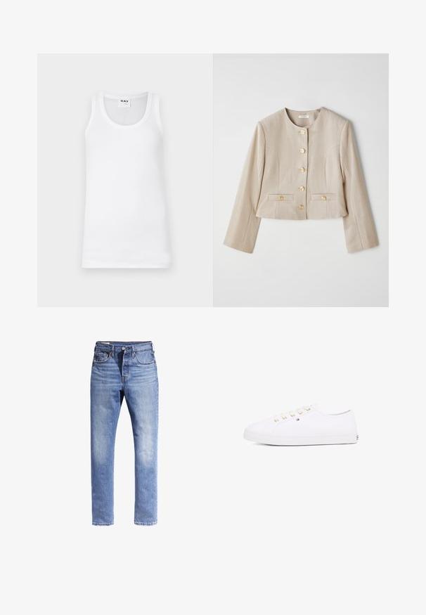 Veste beige courte en tissu texturé, avec un col rond, six boutons dorés et deux poches avant avec rabats à bouton.; Débardeur en coton blanc avec un col ras du cou classique, texture côtelée et emmanchures renforcées. L'étiquette affiche "DAY."; Jeans en denim bleu clair avec une coupe droite, cinq poches et des coutures contrastées. Le tissu semble légèrement usé.; Sneakers en toile blanches avec œillets dorés, lacets plats, semelle en caoutchouc texturée et branding minimal sur le côté. Design bas.