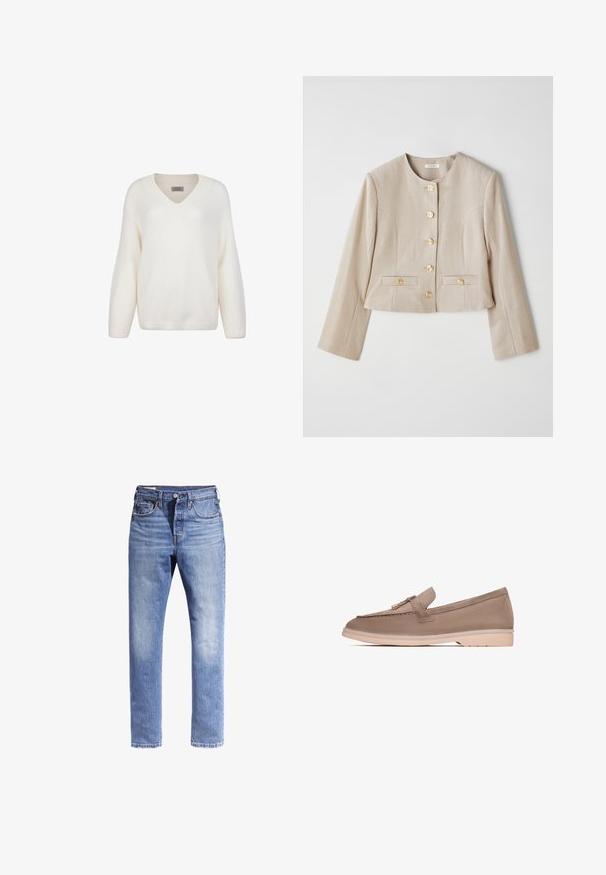 Beige kort jacka i texturerad tyg, med rund halsringning, sex guldknappar och två framfickor med knappflikar.; Vit stickad tröja med V-ringning, långa ärmar och ribbade muddar. Mjuk textur, avslappnad passform och avslutad med en ribbad nederkant.; Ljusblå denimjeans med rak bendesign, fem fickor och kontrasterande sömmar. Tyget ser något slitet ut.; Bruna läderloafers med en slät textur, prydda med ett dekorativt band och guldhardware, vilande på en ljus beige gummisula.