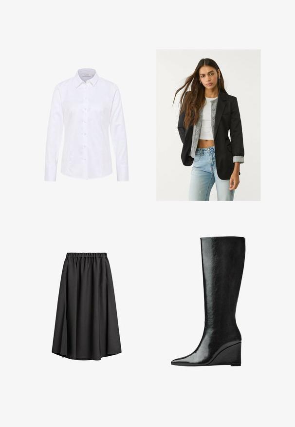 Zwarte blazer met een getailleerd ontwerp, enkele knoopsluiting en twee voorkanten zakken; gecombineerd met een grijze gebreide cardigan en lichtblauwe jeans.; Witte lange mouwen shirt van gladde stof, met een klassieke kraag, voorzijde knoopsluiting en een getailleerde pasvorm.; Zwarte midi rok van lichtgewicht, vloeiende stof met een elastische tailleband en een lichte A-lijn silhoutte. Geen zichtbare patronen of accenten.; Kniehoge zwarte leren laarzen met een slanke, puntige neus en een wiggle heel. Het oppervlak is glad met een glanzende afwerking.