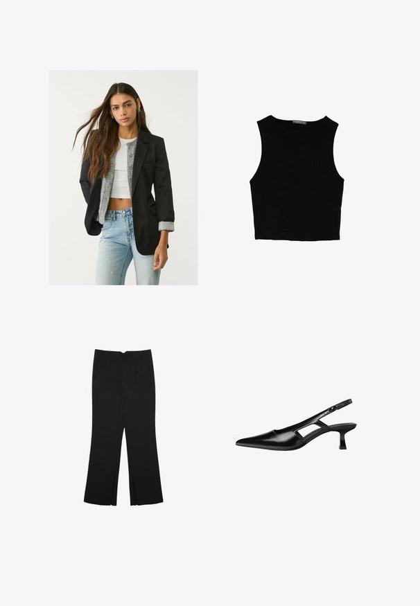 Črn blazer s prilagojenim dizajnom, enojnim gumbom in dvema sprednjima žepoma; v kombinaciji s sivim pletenim kardiganom in svetlobluzimi kavbojkami.; Črn brez rokavov crop top, izdelan iz gladkega materiala, z okroglim izrezom in čistim, preprostim dizajnom brez vzorcev ali dodatkov.; Črne hlače ravnega kroja z naglavnimi žepi in stranskimi razporki na robu. Narejene iz mehke, gladke tkanine. Primerne za različne priložnosti.; Črne patentični usnjeni salonarji s slingback designom, z zašiljenim nosom, izrezanim stranskim dizajnom in majhnim kvadratnim peto. Gladka tekstura z minimalnimi detajli.