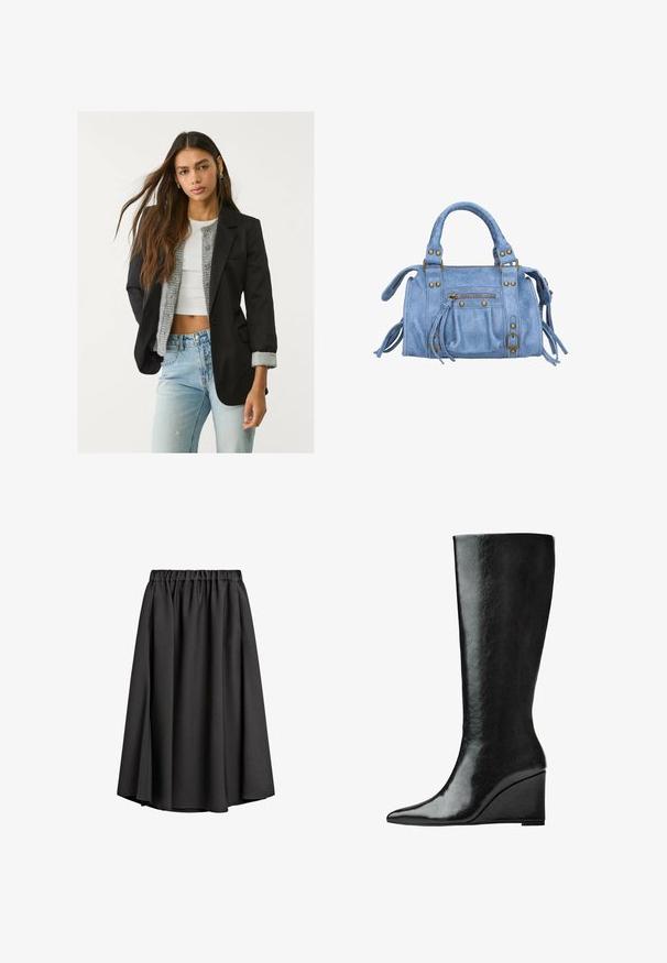 Zwarte blazer met een getailleerd ontwerp, enkele knoopsluiting en twee voorkanten zakken; gecombineerd met een grijze gebreide cardigan en lichtblauwe jeans.; Langsleeve shirt van zachte, lichtblauwe stof. Heeft een brede ronde halslijn en een rechte snit met zijsplitten. Soepele textuur.; Zwarte midi rok van lichtgewicht, vloeiende stof met een elastische tailleband en een lichte A-lijn silhoutte. Geen zichtbare patronen of accenten.; Kniehoge zwarte leren laarzen met een slanke, puntige neus en een wiggle heel. Het oppervlak is glad met een glanzende afwerking.; Lichtblauw neplederen handtas met een gestructureerde vorm, gouden hardware accenten, een ritsvak en decoratieve franjes aan de zijkanten.