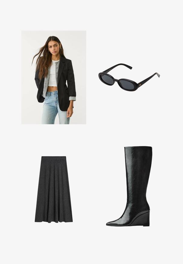 Zwarte blazer met een getailleerd ontwerp, enkele knoopsluiting en twee voorkanten zakken; gecombineerd met een grijze gebreide cardigan en lichtblauwe jeans.; Langsleeve shirt van zachte, lichtblauwe stof. Heeft een brede ronde halslijn en een rechte snit met zijsplitten. Soepele textuur.; Aangespte, knie-lange rok van donkergrijs wolmix, met een gladde textuur en een elastische tailleband voor comfort en draaggemak.; Kniehoge zwarte leren laarzen met een slanke, puntige neus en een wiggle heel. Het oppervlak is glad met een glanzende afwerking.; Zwarte oversized zonnebril met ovale lenzen, een glad plastic montuur en gouden accenten op de pootjes. Donkere lenzen bieden bescherming tegen de zon.; Lichtblauw neplederen handtas met een gestructureerde vorm, gouden hardware accenten, een ritsvak en decoratieve franjes aan de zijkanten.