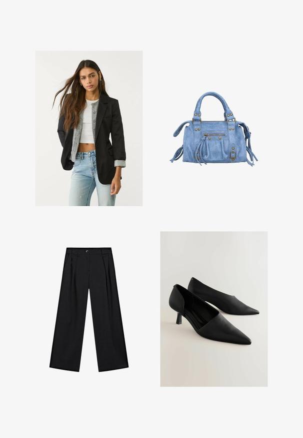 Schwarzer Blazer mit taillierter Passform, Ein-Knopf-Verschluss und zwei vorderen Taschen; kombiniert mit einem grauen Strickcardigan und hellblauen Jeans.; Langarmshirt aus weichem, hellblauem Stoff. Verfügt über einen weiten Rundhalsausschnitt und einen geraden Schnitt mit seitlichen Schlitzern. Glatte Textur.; Schwarze weit geschnittene Hosen aus glattem Stoff, mit vorderen Falten, seitlichen Taschen und einem Knopfverschluss am Bund.; Schwarze Leder-High-Heels mit spitzem Zehenbereich, die ein minimalistisches Design und einen kurzen, quadratischen Absatz aufweisen. Glatte Textur und elegante Silhouette.; Hellblaues Kunstleder-Handtasche mit einer strukturierten Form, goldenen Hardware-Elementen, einer Reißverschlusstasche und dekorativen Fransen an den Seiten.
