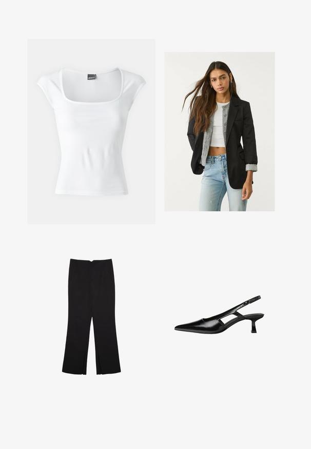 Sort blazer med skræddersyet design, enkelt knaplukning og to frontlommer; parret med en grå strikket cardigan og lyseblå jeans.; Gina Tricot SOFT TOUCH TIGHT TOP - T-shirts print - offwhite; Sorte bukser med lige pasform, der har frontlommer og slidser i kanten. Lavet af blødt, glat stof. Velegnet til forskellige anledninger.; Sorte patentlæder slingback hæle med spids tå, udskåret sideskærm og en lille firkantet hæl. Glat tekstur med minimale detaljer.