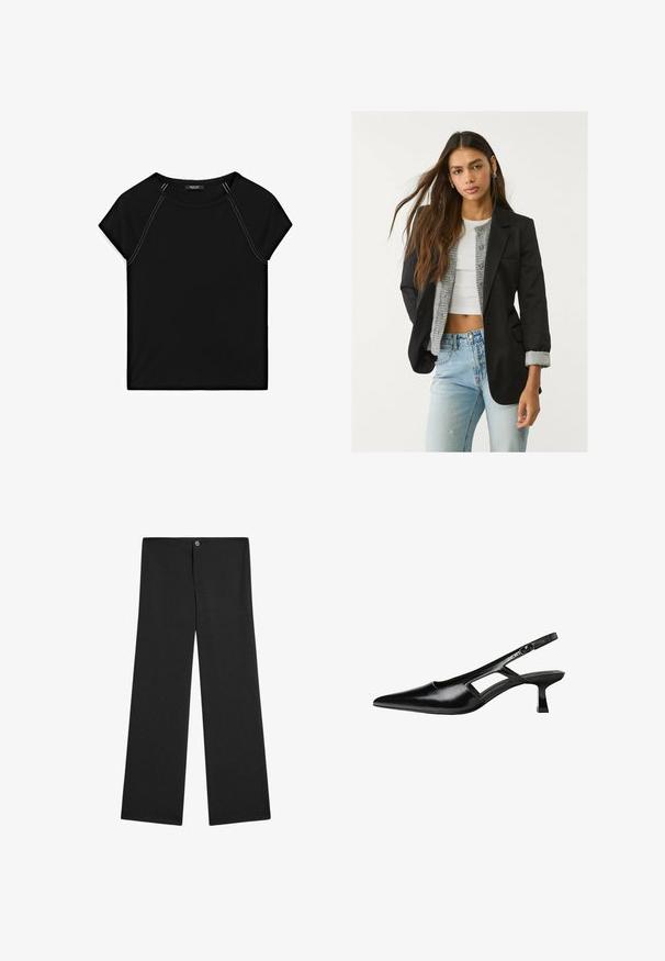 Černý blazer s úzkým střihem, zapínání na jeden knoflík a dvěma předními kapsami; kombinovaný se šedým pleteným kardiganem a světle modrými džíny.; Černý top s krátkým rukávem, který má kulatý výstřih a kontrastní bílý šev na ramenech a po stranách. Měkká a hladká tkanina.; Černé kalhoty širokého střihu vyrobené z lehkého materiálu, s knoflíkovým zapínáním, bez viditelných vzorů a s hladkou, jednobarevnou texturou.; Černé lakované lodičky na podpatku se špičatou špičkou, výřezovým designem na boku a malým čtvercovým podpatkem. Hladká textura s minimálními akcenty.