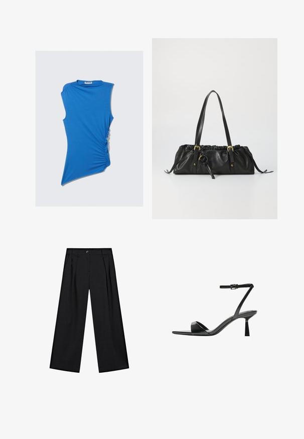 Zwarte blazer met een getailleerd ontwerp, enkele knoopsluiting en twee voorkanten zakken; gecombineerd met een grijze gebreide cardigan en lichtblauwe jeans.; Blauwe mouwloze top van zachte stof, met zijschoot en een asymmetrische zoom voor een uniek, modern ontwerp.; Zwarte brede broek met een gladde stof, voorzien van voorvouwen, zijzakken en een knoopsluiting bij de taille.; Bershka Sandalen met hoge hak - black; Zwarte leren handtas met een geraffineerde bovenkant, twee schouderbanden, gouden hardware en een centrale ronde accent. Gladde textuur, compacte vorm.