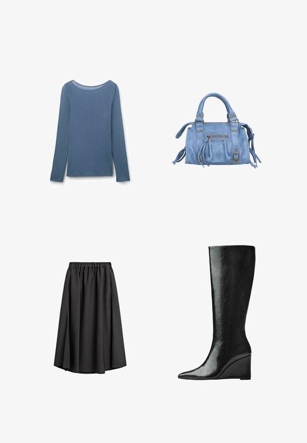 Black blazer with tailored design, single button closure, and two front pockets; paired with a gray knitted cardigan and light blue jeans.; Long-sleeve shirt in soft, light blue fabric. Features a wide scoop neckline and straight cut with side slits. Smooth texture.; Black midi skirt made of lightweight, flowing fabric with an elastic waistband and a slight A-line silhouette. No visible patterns or accents.; Knee-high black leather boots with a sleek, pointed toe and a wedge heel. The surface is smooth with a glossy finish.; Light blue faux leather handbag with a structured shape, gold hardware accents, zippered pocket, and decorative fringe details on the sides.