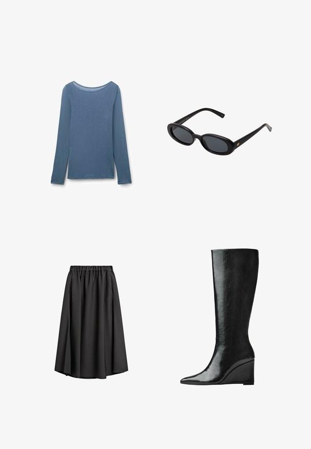Schwarzer Blazer mit taillierter Passform, Ein-Knopf-Verschluss und zwei vorderen Taschen; kombiniert mit einem grauen Strickcardigan und hellblauen Jeans.; Langarmshirt aus weichem, hellblauem Stoff. Verfügt über einen weiten Rundhalsausschnitt und einen geraden Schnitt mit seitlichen Schlitzern. Glatte Textur.; Schwarze Midirock aus leichtem, fließendem Stoff mit elastischem Bund und leicht ausgestellter A-Linie. Keine sichtbaren Muster oder Akzente.; Knöchelhohe schwarze Lederstiefel mit schlanker, spitzer Zehenform und Wedge-Absatz. Die Oberfläche ist glatt mit einem glänzenden Finish.; Schwarze, oversized Sonnenbrillen mit ovalen Gläsern, glattem Kunststoffrahmen und goldenen Akzenten an den Bügeln. Die dunklen Gläser bieten Sonnenschutz.; Hellblaues Kunstleder-Handtasche mit einer strukturierten Form, goldenen Hardware-Elementen, einer Reißverschlusstasche und dekorativen Fransen an den Seiten.
