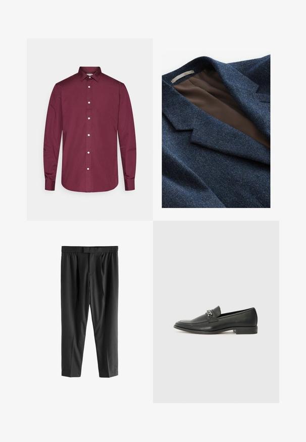 Next REGULAR FIT DONEGAL - Sakko - blue; Burgunderfarbenes langärmliges Hemd aus Baumwolle mit klassischem Kragen, weißen Knöpfen und abgerundetem Saum. Glatte Textur, taillierte Passform.; Next REGULAR FIT -CHECK SMART - Chino - black; Schwarzer Lederloafer mit glatter Oberfläche, ausgestattet mit einer gesteppten Gestaltung und einem dekorativen Metallkettendetail über dem Vorderblatt. Flacher Absatz.