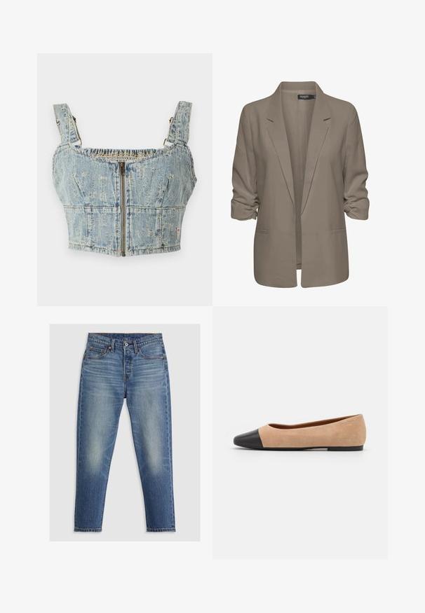 Beige lõdvalt istuv bleiser, valmistatud siledast kangast, millel on üleskeeratud varrukad, kaks küljetaskut ja lõikega krae.; Denimist lõhiku top, hele sinine pesu, varustatud tõmbluku sulgemisega, smockitud seljaosa ja laiade rihmadega. Üksikasjad hõlmavad õmblusi ja kerget kulumist.; Heledad sinised teksad sirge lõikega, viie taskuga, nööpkinnitusega ja kerge pleekimisega reitel. Nähtav kontrastõmblus.; Beežist nubukist balletkingad musta nahast ümara ninaotsaga, madala kanna ja siledaga, millel on minimaalne õmblus ja lihtne disain.