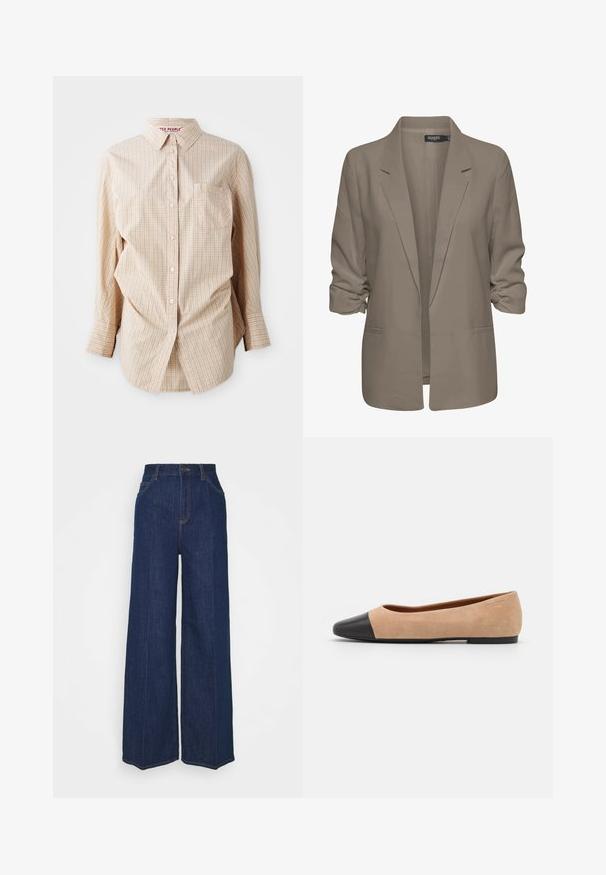 Beige lõdvalt istuv bleiser, valmistatud siledast kangast, millel on üleskeeratud varrukad, kaks küljetaskut ja lõikega krae.; Bež pikka pikal varrukal nööbidena särgid kontrollitud mustriga, millel on krae, vasakul pool tasku ja valged nööbid.; Kõrge vöökohaga laiad tumesinised teksapüksid, millel on ees- ja tagataskud, nööpide sulgemine ning nähtavad õmblusdetailid.; Beežist nubukist balletkingad musta nahast ümara ninaotsaga, madala kanna ja siledaga, millel on minimaalne õmblus ja lihtne disain.