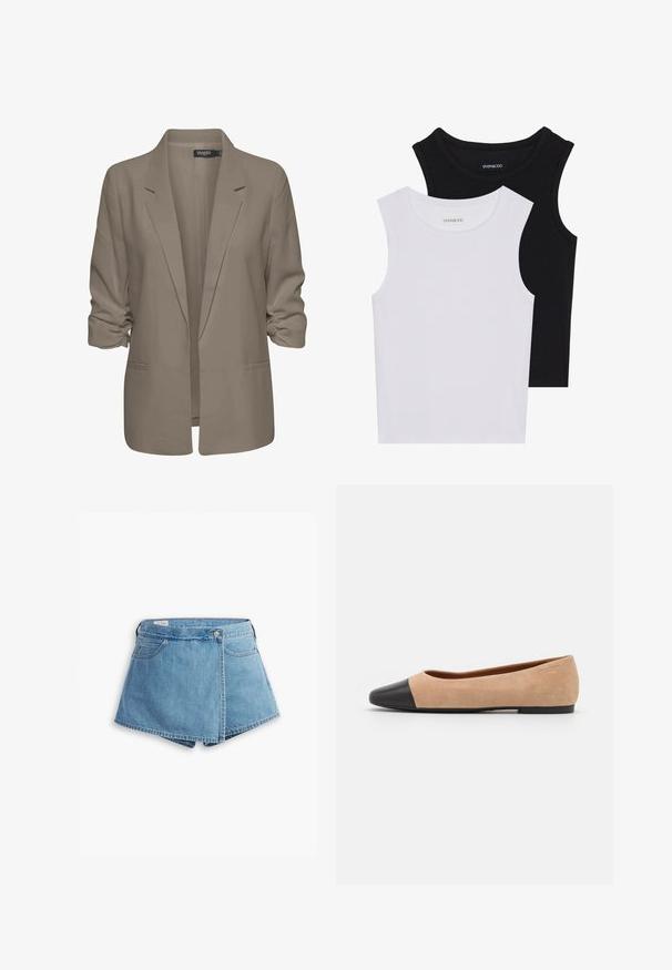 Beige lös passande blazer, tillverkad av mjukt tyg, har uppvikt ärmar, två sidofickor och en notch-lapel-design.; Två ärmlösa toppar i svart och vitt, tillverkade av ribbat bomull, med rund halsringning och en figurpassande design. Etiketter synliga på båda.; Jeansshorts i ljusblått, med en omslagdesign, framfickor och metallknappslutning. Snygg textur med sydda kanter.; Beige mockasins med rund svart lädertå, låg klack och mjuk yta, med minimal sömnad och en ren design.