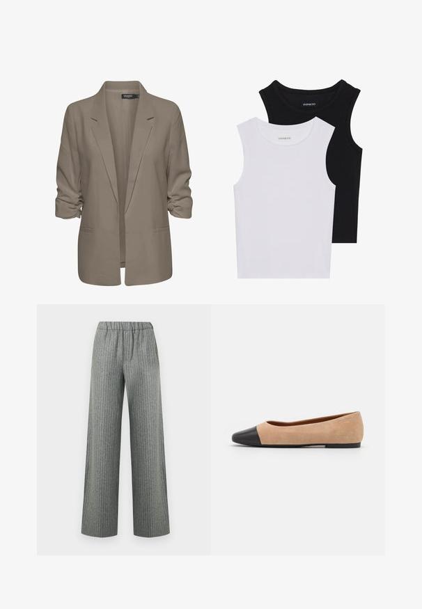 Beige, losse blazer van een gladde stof, met opgerolde mouwen, twee zijzakken en een geknipt revers ontwerp.; Twee mouwloze tops in zwart en wit, gemaakt van geribbelde katoen, met ronde halslijnen en een getailleerd ontwerp. Labels zichtbaar op beide.; Grijze krijtstreeppantalon met wijde pijpen, elastische tailleband, zakken aan de voorkant en een rechte pasvorm.; Beige suède ballet flats met een zwarte leren ronde neuskap, lage hak en een gladde textuur, met minimale stiksels en een schone uitstraling.