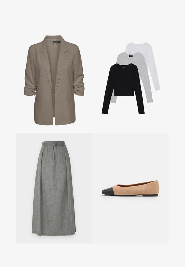 Bežs brīvā piegriezuma žakete, izgatavota no gludas auduma, ar sarullētām piedurknēm, divām sānu kabatām un ar iedziļinātu apkakles dizainu.; Trīs garām piedurknēm veidotas augšdaļas, sakrautās: melna, pelēka un balta. Katram ir noapaļots kakla izgriezums un īsa dizaina forma ar gludu, vieglu audumu.; Emporio Armani GONNA - Maksi svārki - light grey melange; Beigā zamšādas balerīnas ar melnu ādas noapaļotu purngalu, zemu papēdi un gludu tekstūru, ar minimālu dūrienu un tīru dizainu.