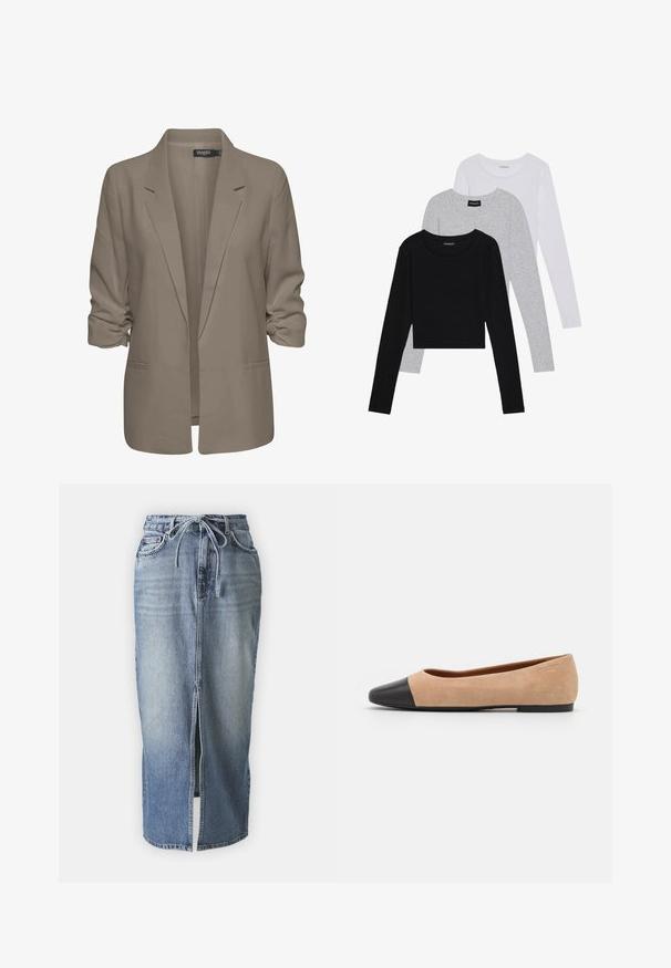 Beige volný blejzr, vyrobený z hladké tkaniny, má ohrnuté rukávy, dvě boční kapsy a klopový design.; Tři trička s dlouhým rukávem naskládaná na sobě: černé, šedé a bílé. Každé má kulatý výstřih a kratší střih z hladkého, lehkého materiálu.; Džínová midi sukně v světle modré barvě s předním rozparkem, stahovací pas a klasický design s pěti kapsami. Hladká textura, ležérní styl.; Béžové semišové baleríny s černou koženou kulatou špičkou, nízkým podpatkem a hladkým povrchem, s minimálním prošíváním a čistým designem.