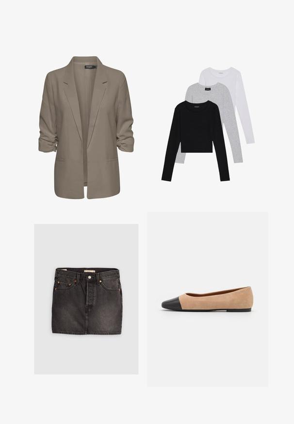 Beige, lockere Blazer aus glattem Stoff, mit umgeschlagenen Ärmeln, zwei seitlichen Taschen und einemreversierten Kragen.; Drei langärmelige Oberteile gestapelt: schwarz, grau und weiß. Jedes hat einen runden Halsausschnitt und ein kurzes Design aus glattem, leichtem Stoff.; Schwarzer Jeansrock mit fünf Taschen, metallischem Knopfverschluss und kontrastierender orangener Ziernaht. Hat einen geraden Schnitt und minimale Used-Optik.; Beige Wildleder Ballerina mit einer runden Zehenkappe aus schwarzem Leder, niedrigem Absatz und glatter Textur, mit minimaler Nahtverarbeitung und klarem Design.