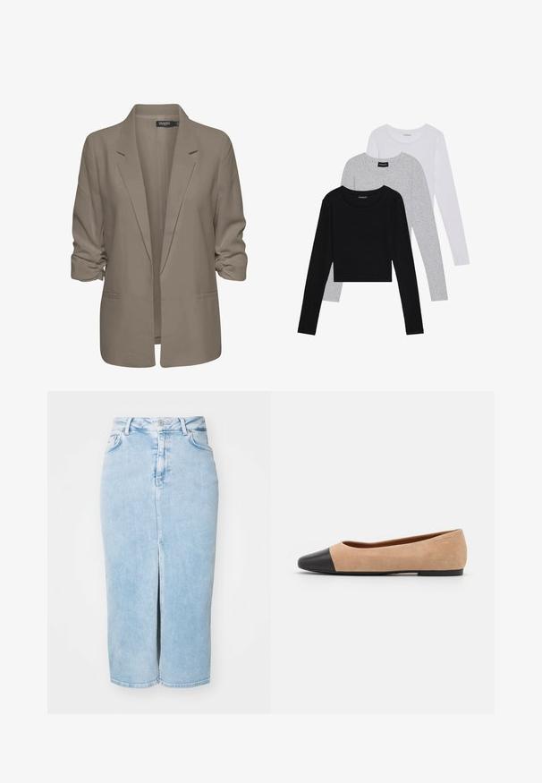 Bež srajcni blazer, ohlapen kroj, izdelan iz gladkega materiala, z zavitimi rokavi, dvema stranskima žepoma in zareznim ovratnikom.; Tri dolga rokava zložena: črna, siva in bela. Vsaka ima okroglo izreznico in skrajšan dizajn z gladkim, lahkotnim materialom.; Svetlo modra denim pencil krila z sprednjim razporkom, visokim pasom, zanki za pas in klasičnim pet-žepnim dizajnom. Oblečen odtenek izboljša videz.; Bež suedska baletna obutev s črnim usnjenim okroglim delom na prstih, nizko peto in gladko teksturo, ki se ponaša z minimalnimi šivi in čistim dizajnom.