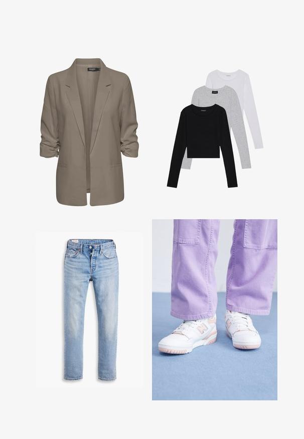Beige lös passande blazer, tillverkad av mjukt tyg, har uppvikt ärmar, två sidofickor och en notch-lapel-design.; Tre långärmade tröjor staplade: svart, grå och vit. Var och en har en rund halsringning och en kort design med mjukt, lätt material.; Ljust blå denimjeans med rak passform, två framfickor och knappgylf. Slitet utseende med lätt blekning vid knäna.; Vita sneakers med rosa detaljer, övre del i texturerat läder och gummisula, kombinerat med ljuslila vida byxor på en blå yta.