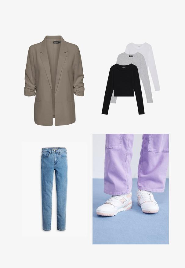 Blazer beige dal taglio morbido, realizzato in tessuto liscio, con maniche arrotolate, due tasche laterali e design con revers a punta.; Tre magliette a maniche lunghe impilate: nera, grigia e bianca. Ognuna ha un colletto rotondo e un design accorciato con tessuto morbido e leggero.; Jeans in denim azzurro chiaro con design a gamba dritta, dotati di cinque tasche, patta con zip e cuciture visibili per un dettaglio in più.; Sneakers bianchi con accenti rosa, upper in pelle texturizzata e suola in gomma, abbinati a pantaloni larghi viola chiaro su una superficie blu.