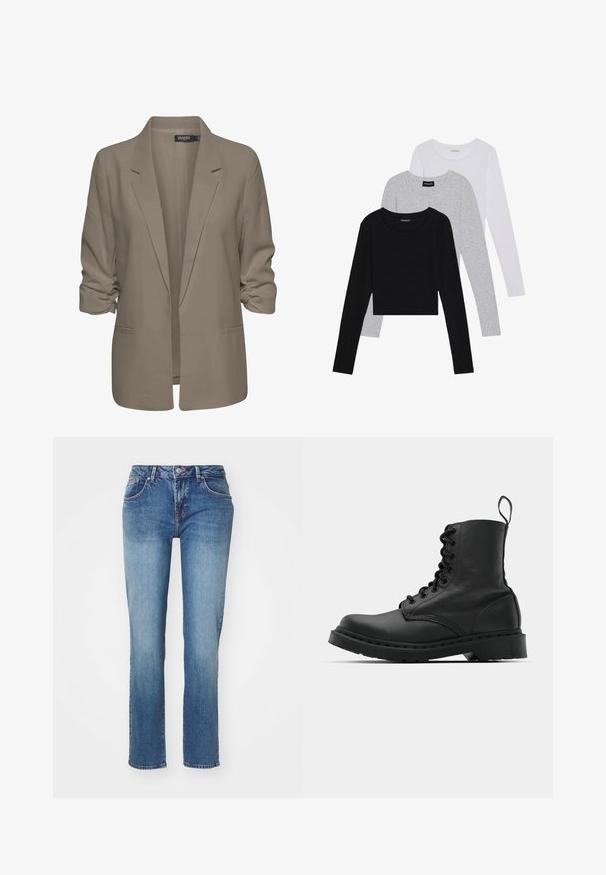 Blazer beige de corte holgado, hecho de tela suave, presenta mangas enrolladas, dos bolsillos laterales y un diseño de solapa muesca.; Tres camisetas de manga larga apiladas: negra, gris y blanca. Cada una tiene un escote redondo y un diseño recortado con una tela suave y ligera.; Jeans de mezclilla azul con un corte recto, que presentan un diseño clásico de cinco bolsillos y un acabado ligeramente desgastado. Los detalles incluyen un cierre de botón y cremallera.; Botín de combate de cuero negro con punta redonda, parte delantera con cordones y una lengüeta en el tobillo. Presenta una suela de goma gruesa para mayor durabilidad.