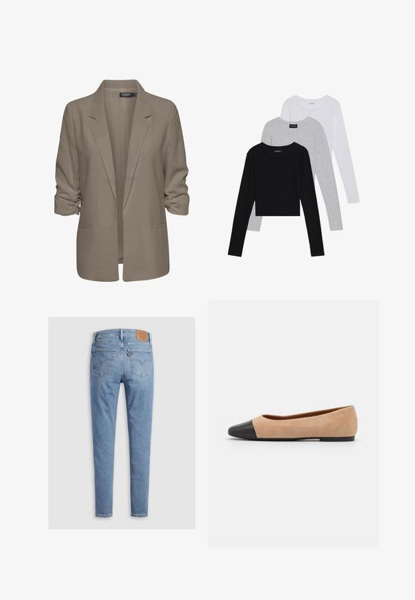 Blazer beige de corte holgado, hecho de tela suave, presenta mangas enrolladas, dos bolsillos laterales y un diseño de solapa muesca.; Tres camisetas de manga larga apiladas: negra, gris y blanca. Cada una tiene un escote redondo y un diseño recortado con una tela suave y ligera.; Vaqueros de denim azul claro con corte ajustado, que presentan un parche de cuero en la cintura y dos bolsillos traseros con sutiles detalles de costura.; Bailarina de ante beige con una puntera redondeada de cuero negro, tacón bajo y textura suave, que presenta costuras mínimas y un diseño limpio.