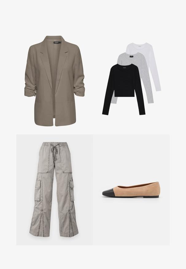 Blazer beige dal taglio morbido, realizzato in tessuto liscio, con maniche arrotolate, due tasche laterali e design con revers a punta.; Tre magliette a maniche lunghe impilate: nera, grigia e bianca. Ognuna ha un colletto rotondo e un design accorciato con tessuto morbido e leggero.; Pantaloni cargo grigio chiaro con elastico in vita, lacci regolabili, multi tasche laterali e orli con zip. Realizzati in tessuto morbido e leggero.; Ballerine in suede beige con punta tonda in pelle nera, tacco basso e texture liscia, caratterizzate da cuciture minime e un design pulito.