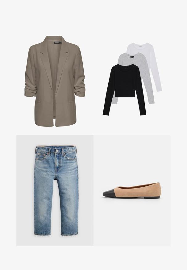 Beige lös passande blazer, tillverkad av mjukt tyg, har uppvikt ärmar, två sidofickor och en notch-lapel-design.; Tre långärmade tröjor staplade: svart, grå och vit. Var och en har en rund halsringning och en kort design med mjukt, lätt material.; Ljusblå denimjeans med avslappnad passform, kort längd, fem fickor och metallknappsförslutning. Faded textur med subtila sömdetaljer.; Beige mockasins med rund svart lädertå, låg klack och mjuk yta, med minimal sömnad och en ren design.