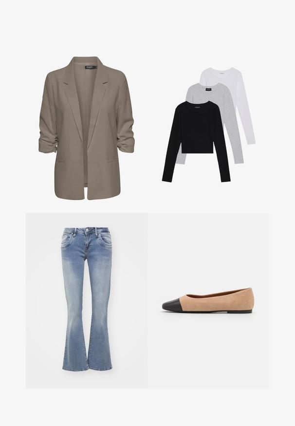 Beige lõdvalt istuv bleiser, valmistatud siledast kangast, millel on üleskeeratud varrukad, kaks küljetaskut ja lõikega krae.; Kolm pikkade varrukatega toppi, mis on üksteise peale asetatud: must, hall ja valge. Igal ühel on ümar kaelus ja lühike disain, valmistatud siledast, kergekaalulisest kangast.; Sinised laiad teksad, mis on valmistatud denimist, kerge pesuga, viie tasku ja nööbiga sulgemisega. Põlved on laiad allservas.; Beežist nubukist balletkingad musta nahast ümara ninaotsaga, madala kanna ja siledaga, millel on minimaalne õmblus ja lihtne disain.