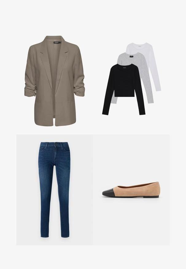 Smėlinis laisvas blazeris, pagamintas iš lygios medžiagos, turi suktus rankovės, dvi šonines kišenes ir įpjautą apykaklę.; Trijų ilgomis rankovėmis marškinėlių krūva: juodas, pilkas ir baltas. Kiekvienas turi apvalų iškirpimą ir trumpą dizainą, pagamintas iš lygaus, lengvo audinio.; Tamsiai mėlynos džinsinės kelnės, priglundančios prie kūno, su priekiu užsegamu mygtuku, diržo kilputėmis ir penkiais kišenėmis. Sklandus paviršius su šiek tiek blukimo.; Šviesiai rudas zomšiniai baleto bateliai su juodu odiniu suapvalintu pirštu, maža pakulne ir lygia tekstūra, su minimaliai siūlėmis ir tvarkingu dizainu.
