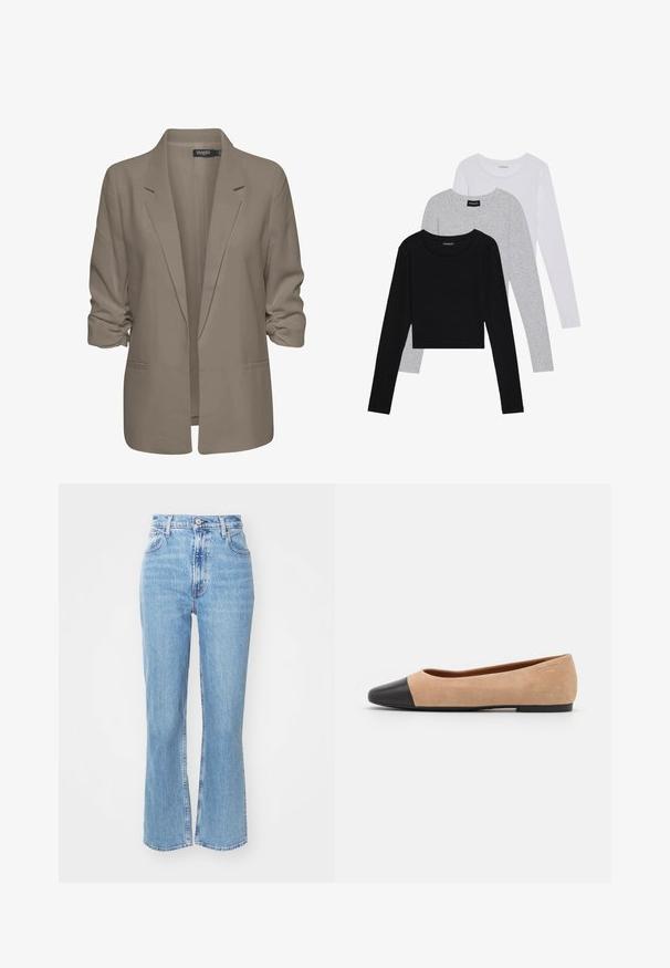 Blazer beige dal taglio morbido, realizzato in tessuto liscio, con maniche arrotolate, due tasche laterali e design con revers a punta.; Tre magliette a maniche lunghe impilate: nera, grigia e bianca. Ognuna ha un colletto rotondo e un design accorciato con tessuto morbido e leggero.; Jeans alta vita blu chiaro con gamba svasata. Realizzati in denim, presentano cinque tasche e chiusura frontale con bottone. Texture sbiadita.; Ballerine in suede beige con punta tonda in pelle nera, tacco basso e texture liscia, caratterizzate da cuciture minime e un design pulito.