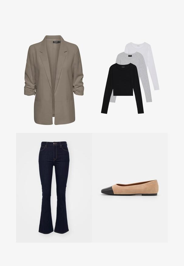 Beige loose-fitting blazer, made of smooth fabric, features rolled sleeves, two side pockets, and a notched lapel design.; Three long-sleeve tops stacked: black, grey, and white. Each has a round neckline and a cropped design with smooth, lightweight fabric.; Dark blue, flared jeans made of denim, featuring a high waist, five-pocket design, and contrasting orange stitching along the seams.; Beige suede ballet flat with a black leather rounded toe cap, low heel, and smooth texture, featuring minimal stitching and a clean design.