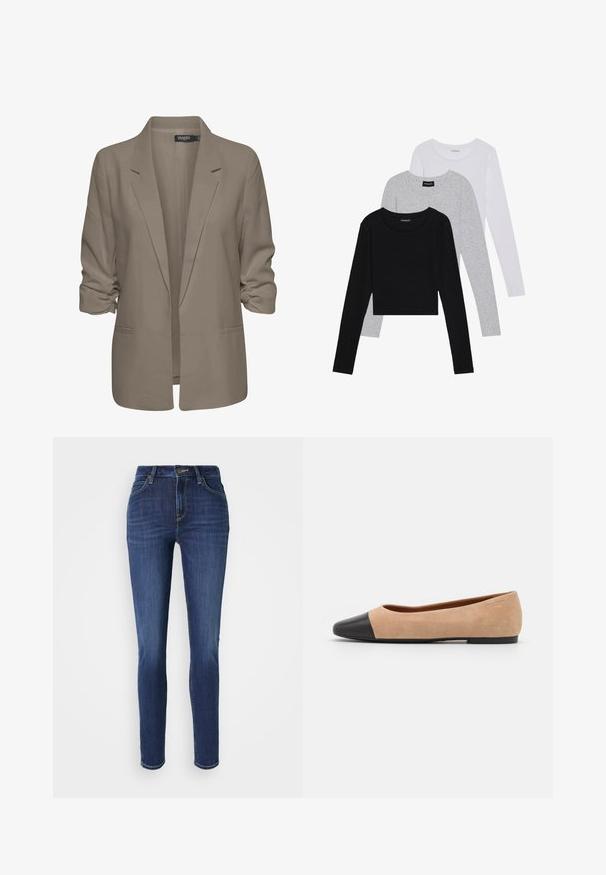 Beige lös passande blazer, tillverkad av mjukt tyg, har uppvikt ärmar, två sidofickor och en notch-lapel-design.; Tre långärmade tröjor staplade: svart, grå och vit. Var och en har en rund halsringning och en kort design med mjukt, lätt material.; Slim-fit jeans i mörkblå denim med subtil blekning. Har fem fickor, bälteshällor och stängning med främre knapp. Standard rakt ben-design.; Beige mockasins med rund svart lädertå, låg klack och mjuk yta, med minimal sömnad och en ren design.