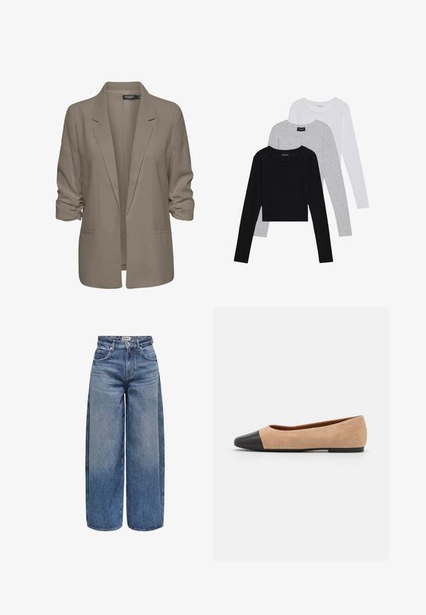 Beige, lockere Blazer aus glattem Stoff, mit umgeschlagenen Ärmeln, zwei seitlichen Taschen und einemreversierten Kragen.; Drei langärmelige Oberteile gestapelt: schwarz, grau und weiß. Jedes hat einen runden Halsausschnitt und ein kurzes Design aus glattem, leichtem Stoff.; Weite Jeans aus Denim in Mittelblau mit hoher Taille, sichtbaren Nähten, fünf Taschen und einem Knopfverschluss vorne.; Beige Wildleder Ballerina mit einer runden Zehenkappe aus schwarzem Leder, niedrigem Absatz und glatter Textur, mit minimaler Nahtverarbeitung und klarem Design.